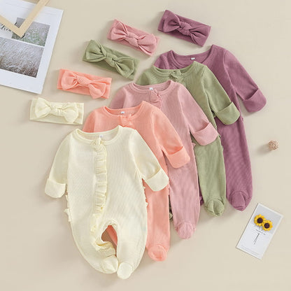 Baby Girl Zipper Romper with Headband – Soft Cotton Blend One-Piece with Easy Changing