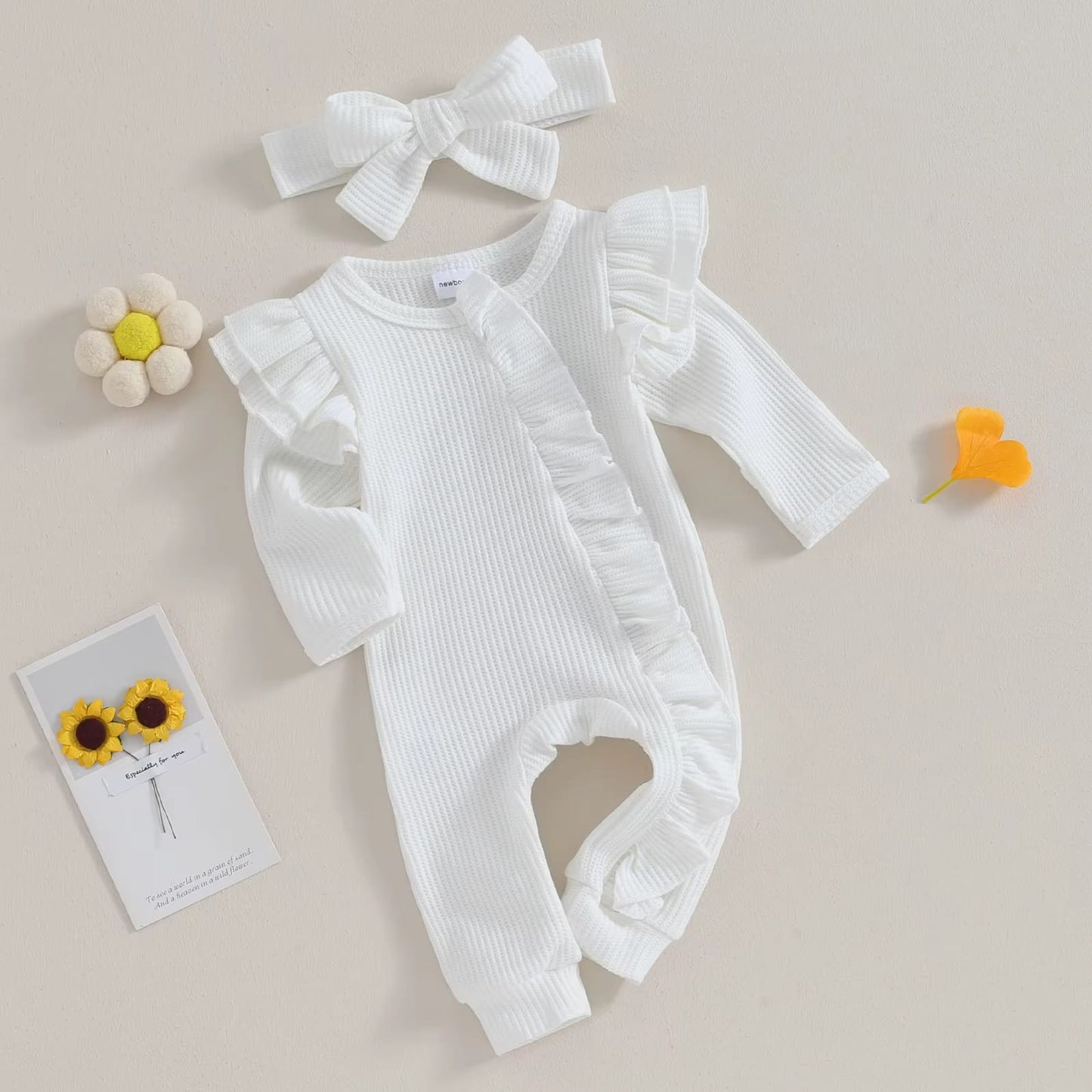 Baby Girl Zipper Romper with Headband – Soft Cotton Blend One-Piece with Easy Changing