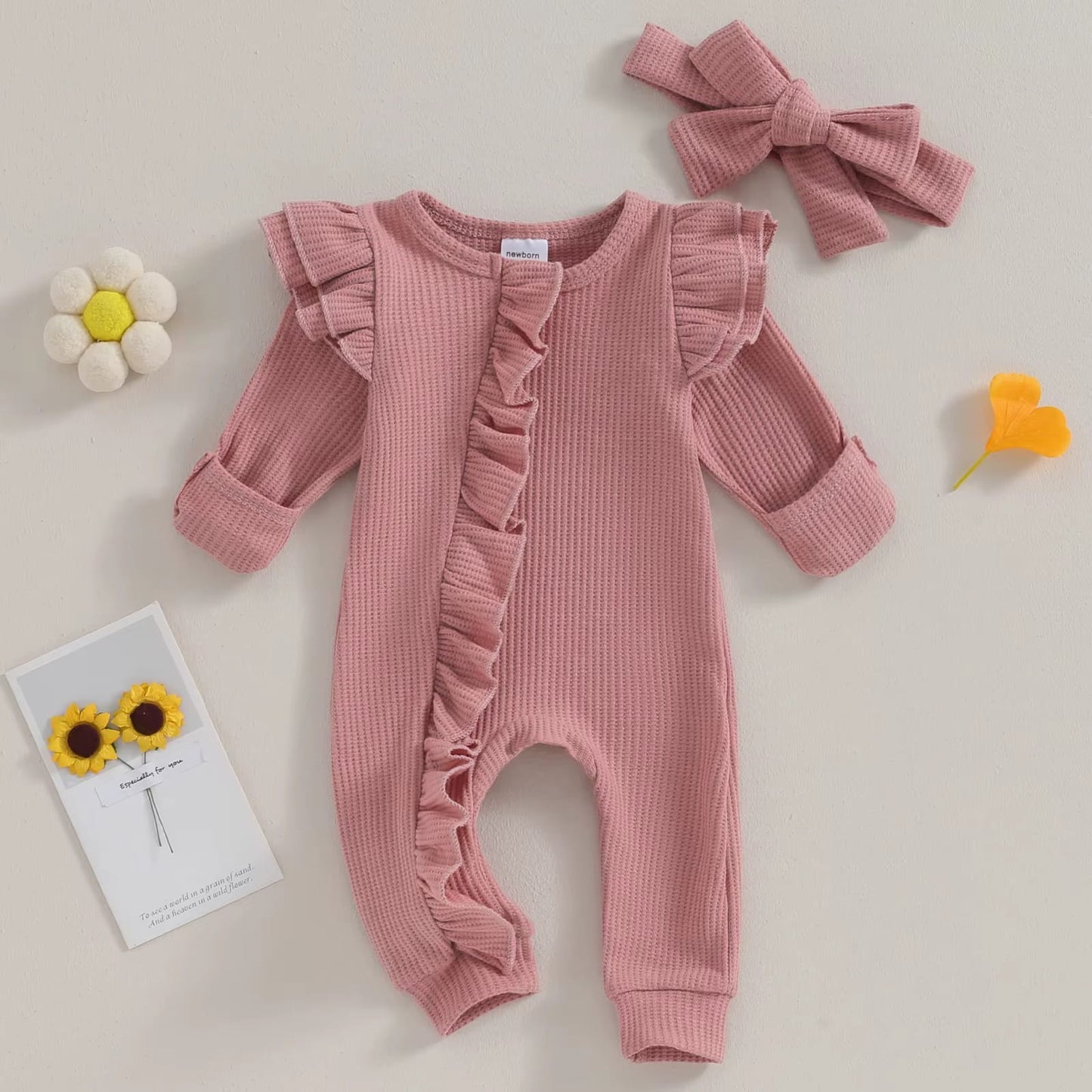 Baby Girl Zipper Romper with Headband – Soft Cotton Blend One-Piece with Easy Changing