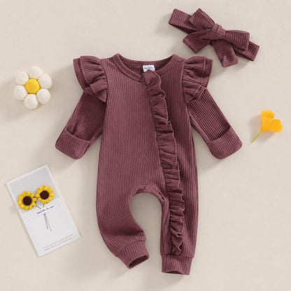 Baby Girl Zipper Romper with Headband – Soft Cotton Blend One-Piece with Easy Changing