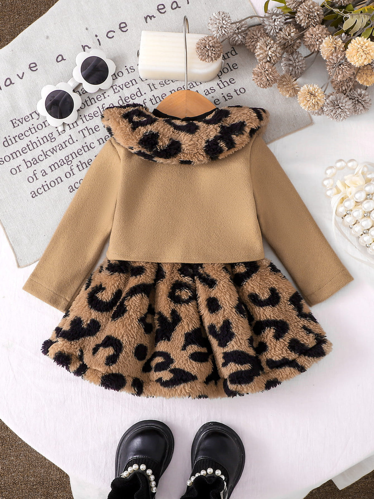 Baby Girls Leopard Plush Dress & Coat Set