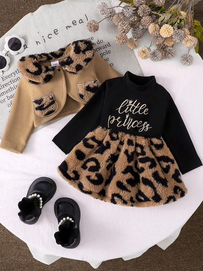 Baby Girls Leopard Plush Dress & Coat Set