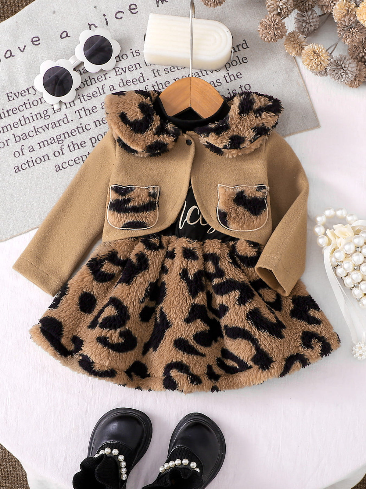 Baby Girls Leopard Plush Dress & Coat Set