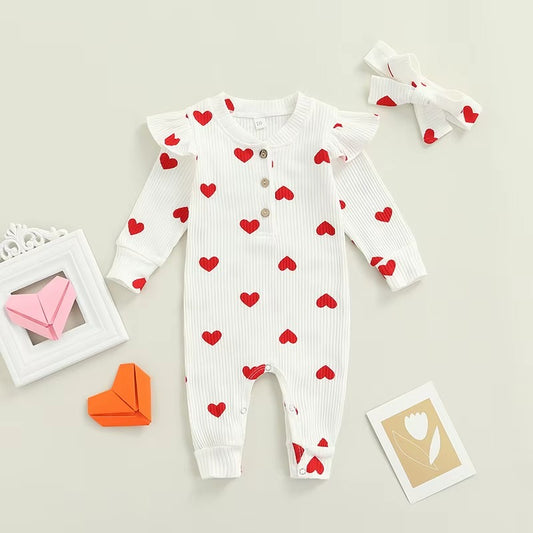 Baby Heart Romper Outfit – Soft Long Sleeve One-Piece with Matching Headband