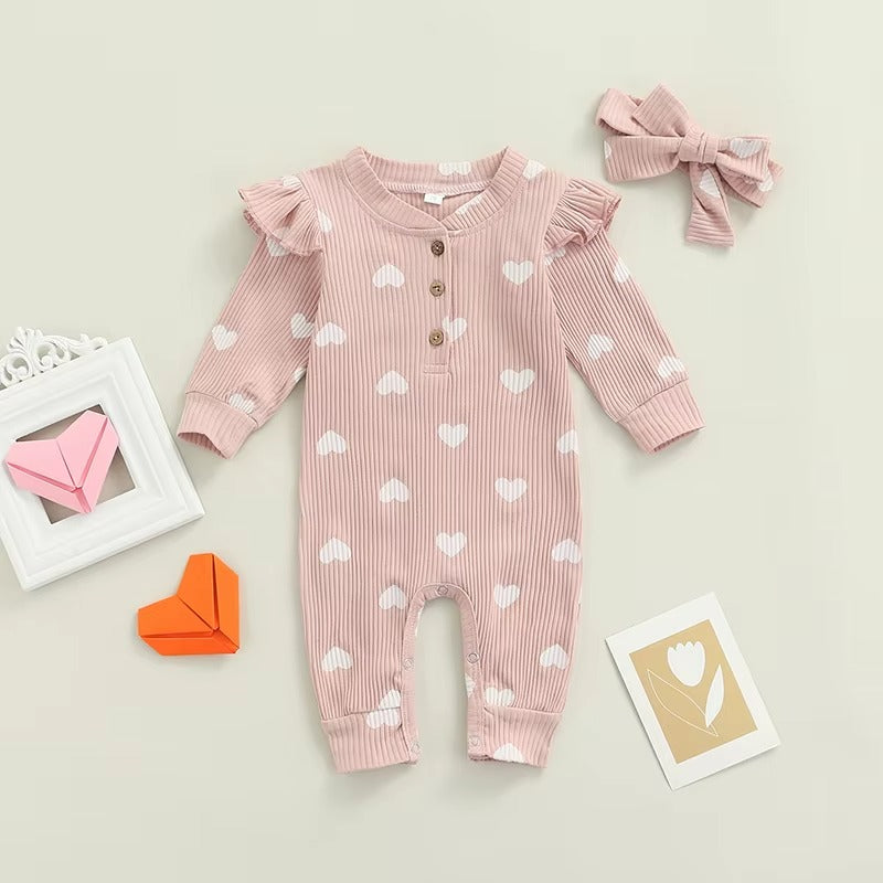 Baby Heart Romper Outfit – Soft Long Sleeve One-Piece with Matching Headband