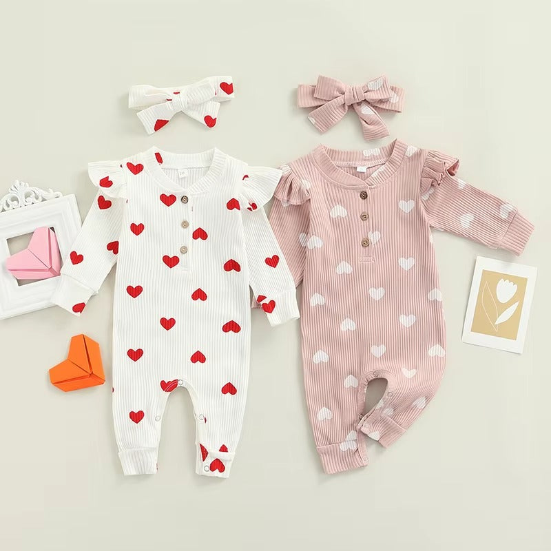 Baby Heart Romper Outfit – Soft Long Sleeve One-Piece with Matching Headband