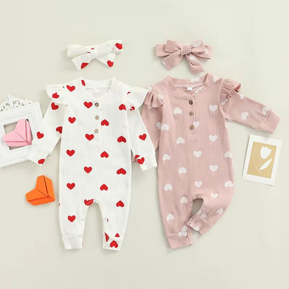 Baby Heart Romper Outfit – Soft Long Sleeve One-Piece with Matching Headband