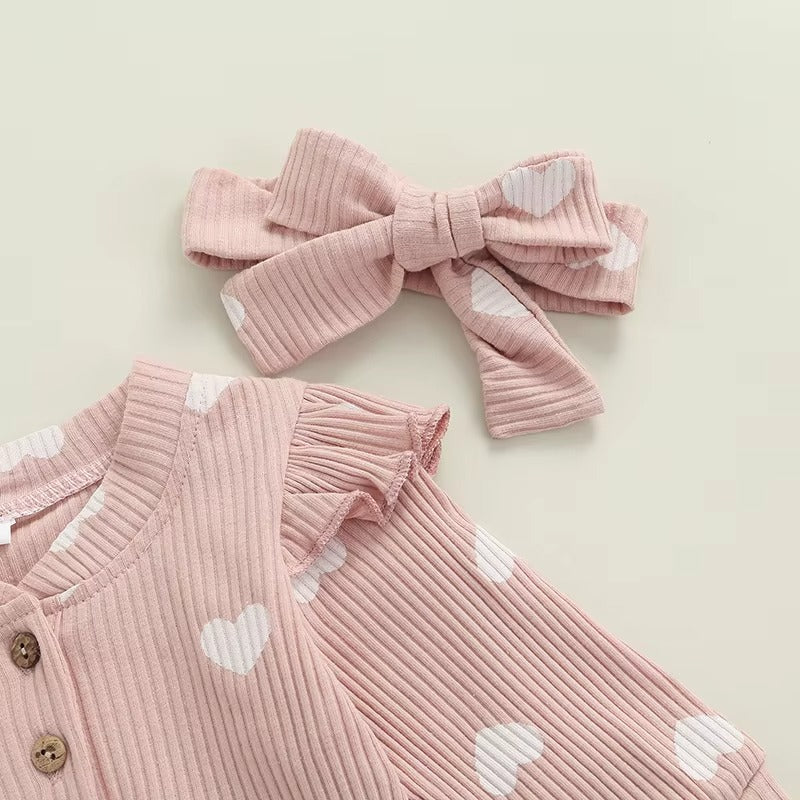 Baby Heart Romper Outfit – Soft Long Sleeve One-Piece with Matching Headband
