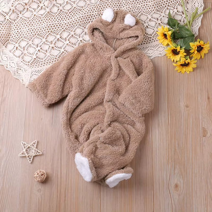Baby Hooded Bear-Ear Plush Romper