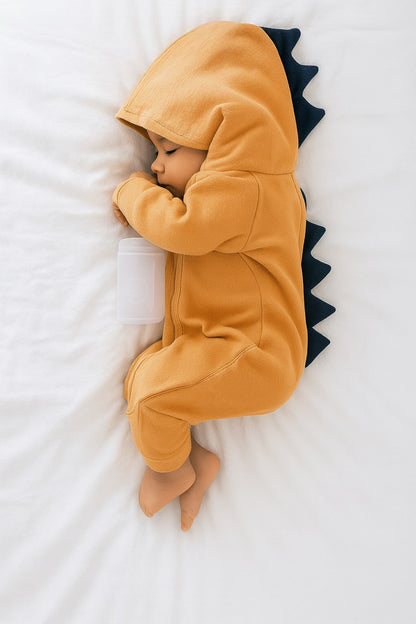 Baby Dinosaur Hooded Jumpsuit – Long Sleeve Romper with Dinosaur Spikes