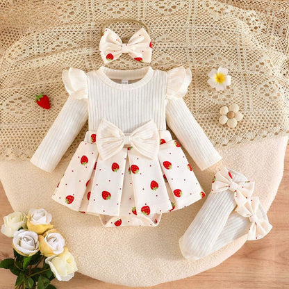 Strawberry Tutu Knit Romper Dress Set – Long Sleeve Dress with Headband & Socks