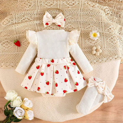 Strawberry Tutu Knit Romper Dress Set – Long Sleeve Dress with Headband & Socks