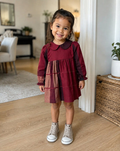 Girls Checked Long Sleeve Cotton Dress