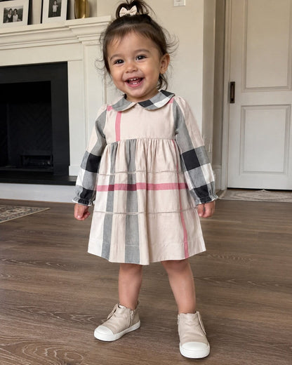Girls Checked Long Sleeve Cotton Dress