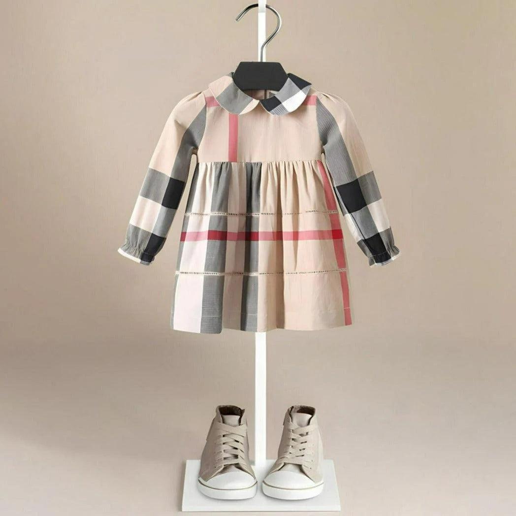 Girls Checked Long Sleeve Cotton Dress