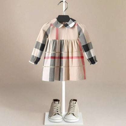Girls Checked Long Sleeve Cotton Dress