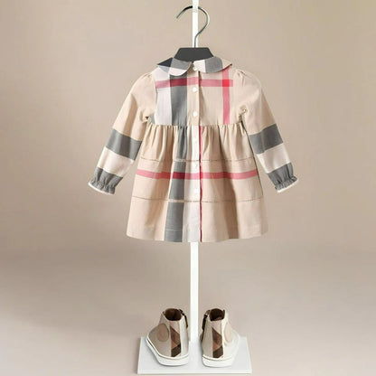 Girls Checked Long Sleeve Cotton Dress
