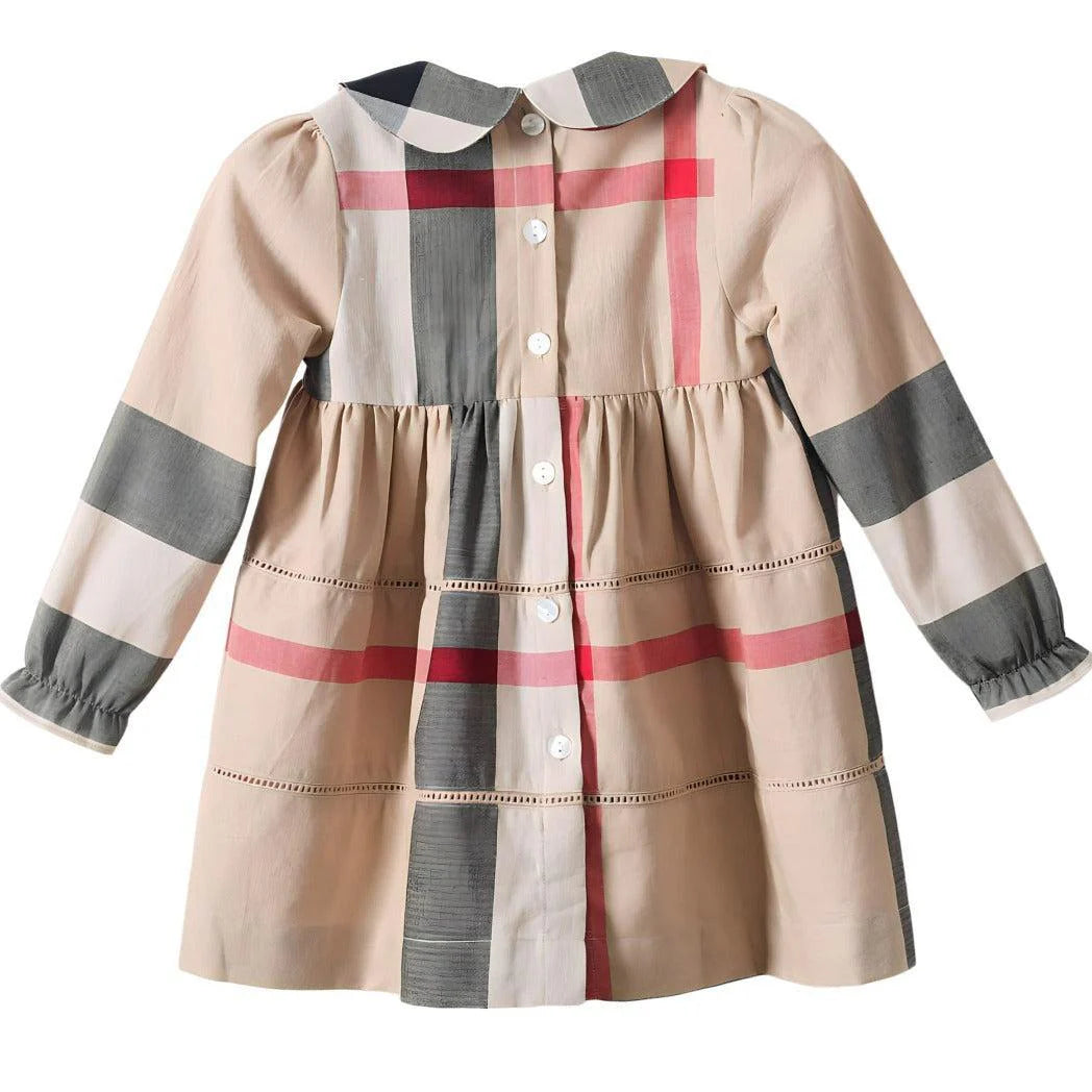 Girls Checked Long Sleeve Cotton Dress