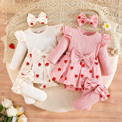 Strawberry Tutu Knit Romper Dress Set – Long Sleeve Dress with Headband & Socks