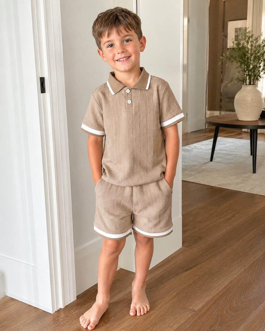 Boys Textured Polo Shorts Set