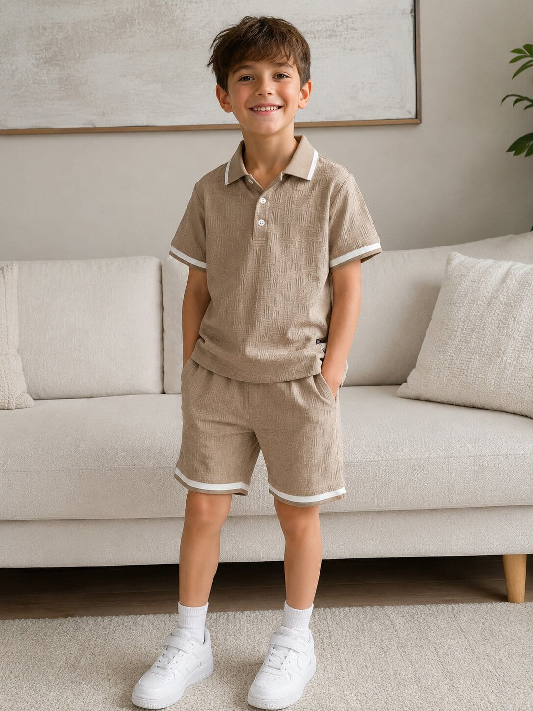Boys Textured Polo Shorts Set