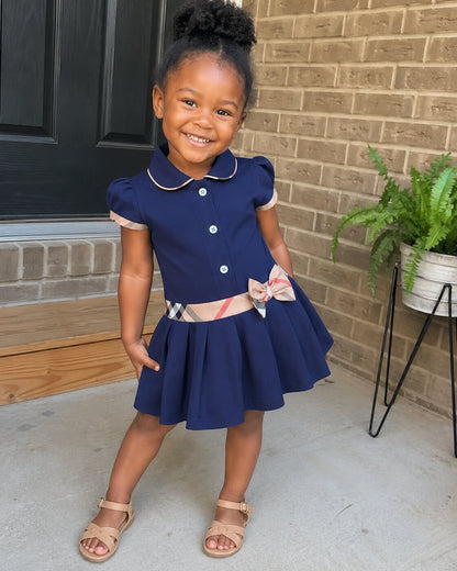 Classic Bow Collar Dress Navy Blue