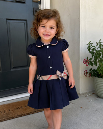 Classic Bow Collar Dress Navy Blue