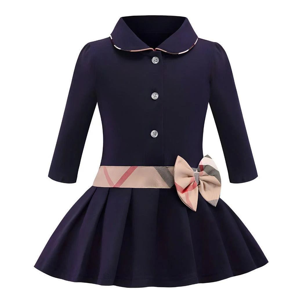 Classic Bow Collar Dress Navy Blue