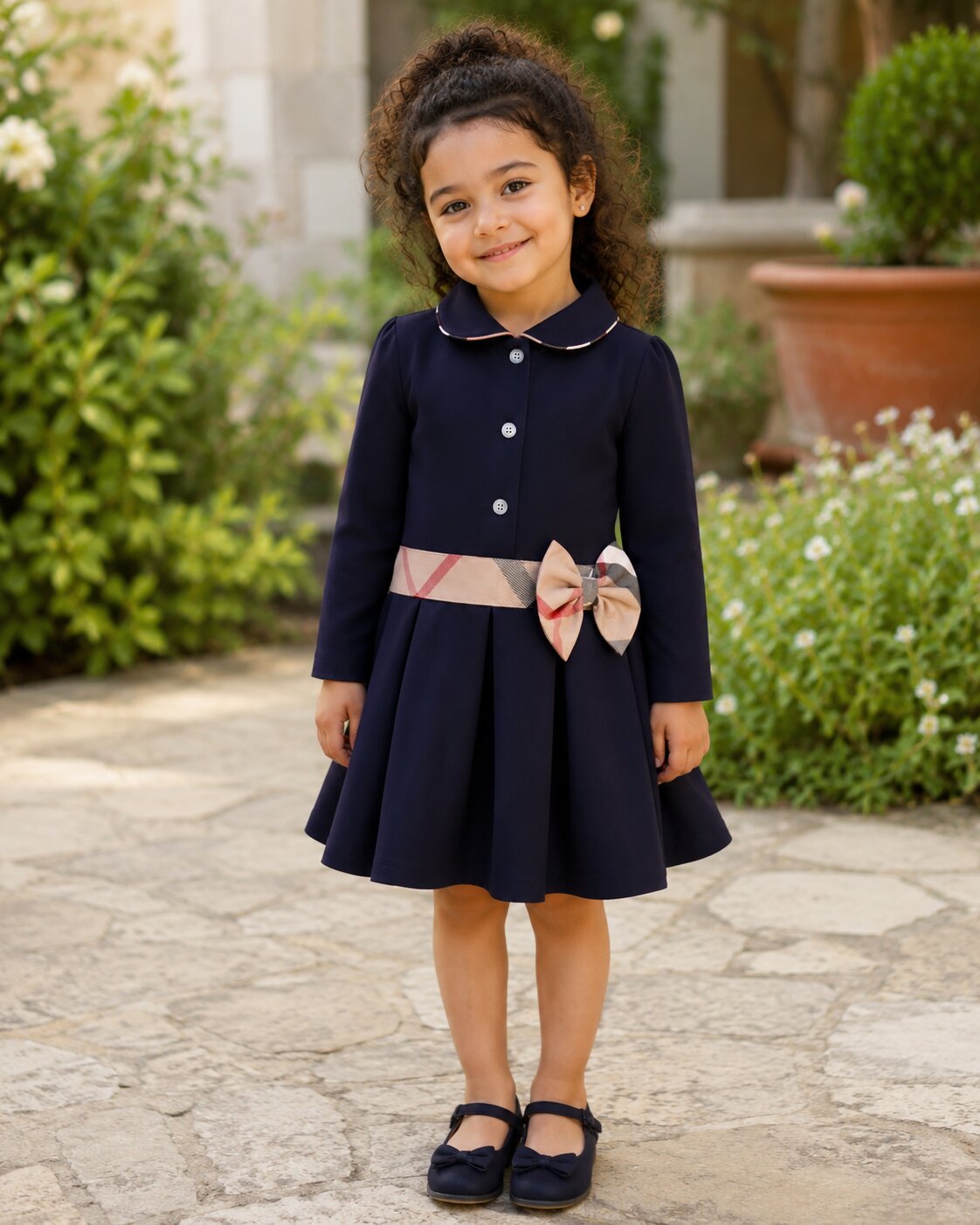 Classic Bow Collar Dress Navy Blue