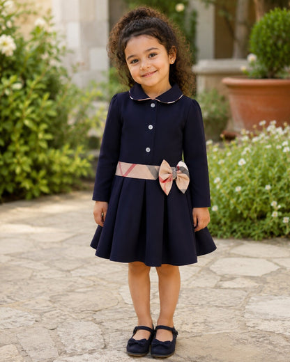 Classic Bow Collar Dress Navy Blue