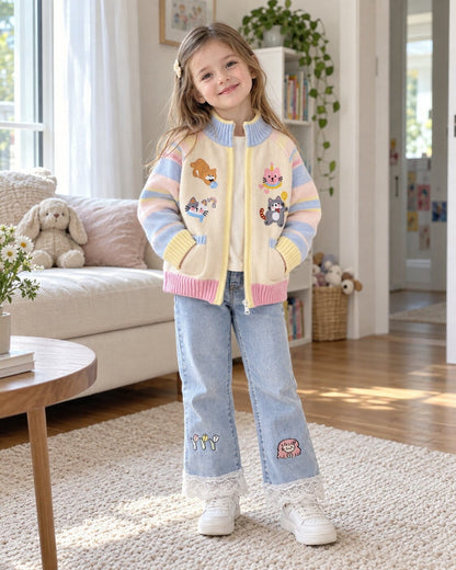 Girls Cartoon Kitty Knit Zip-Up Jacket