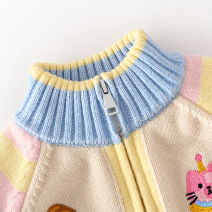 Girls Cartoon Kitty Knit Zip-Up Jacket