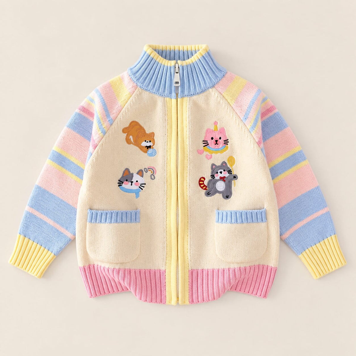 Girls Cartoon Kitty Knit Zip-Up Jacket