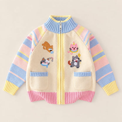 Girls Cartoon Kitty Knit Zip-Up Jacket