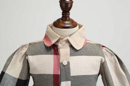 Girls Checked Long Sleeve Cotton Dress