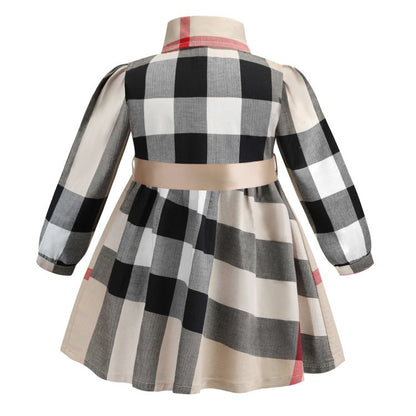 Girls Checked Long Sleeve Cotton Dress