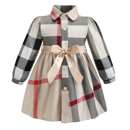 Girls Checked Long Sleeve Cotton Dress