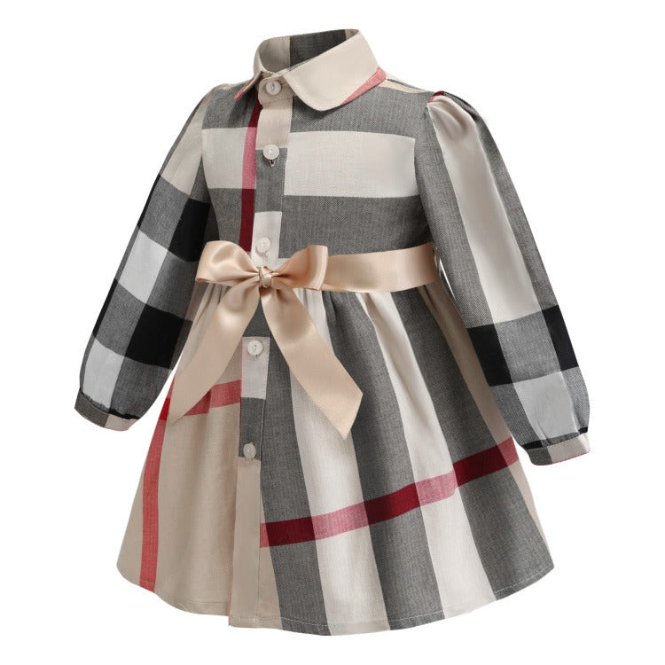 Girls Checked Long Sleeve Cotton Dress
