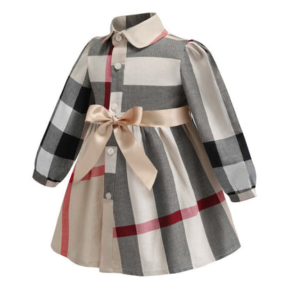 Girls Checked Long Sleeve Cotton Dress