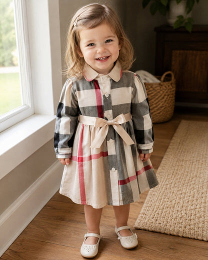 Girls Checked Long Sleeve Cotton Dress