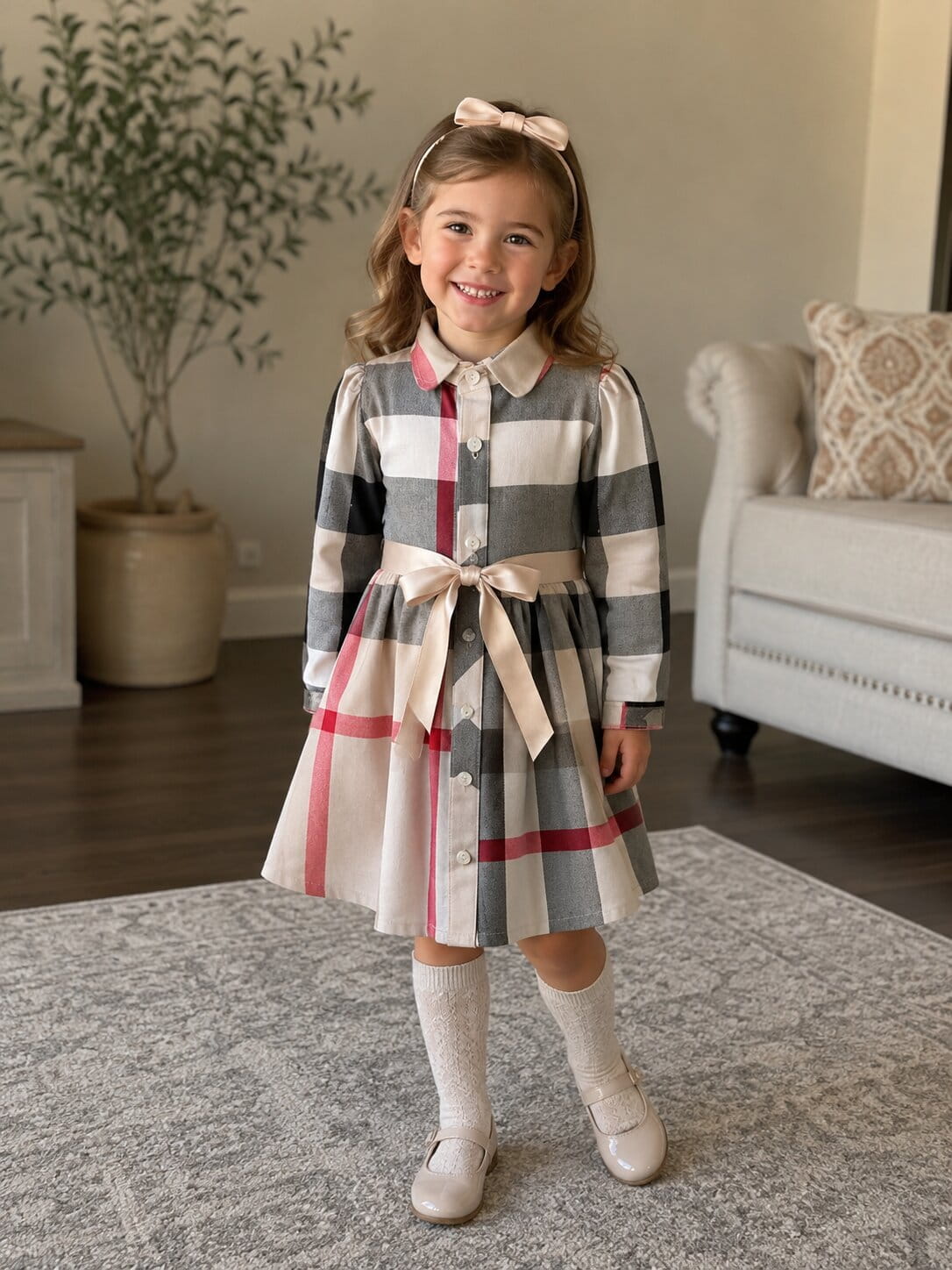 Girls Checked Long Sleeve Cotton Dress