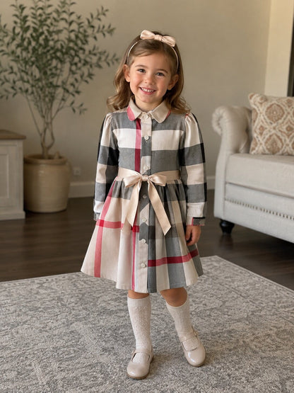 Girls Checked Long Sleeve Cotton Dress