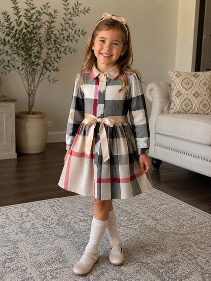 Girls Checked Long Sleeve Cotton Dress
