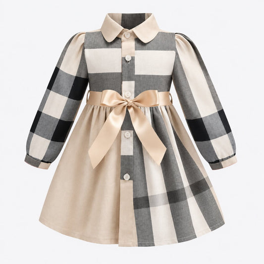 Girls Checked Long Sleeve Cotton Dress
