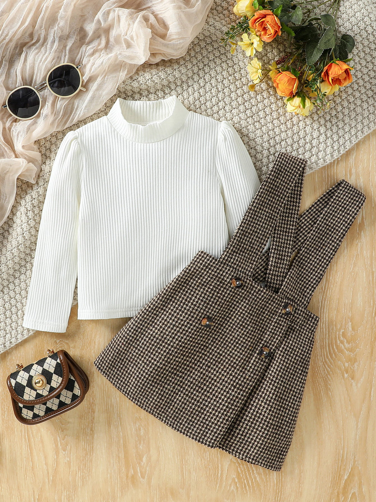 Girls Plaid Pinafore Dress Set
