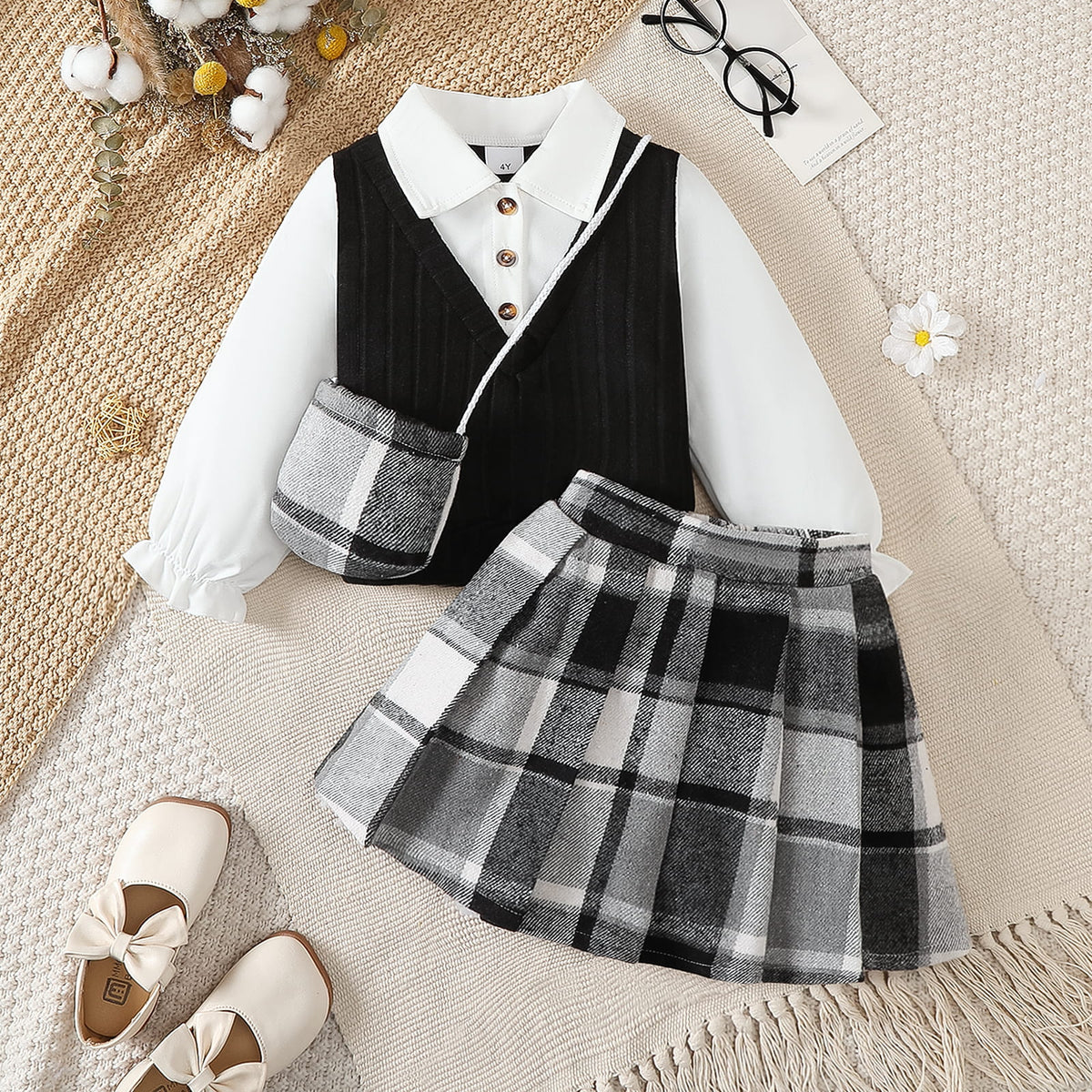 Girls Preppy Plaid 3-Piece Skirt Set