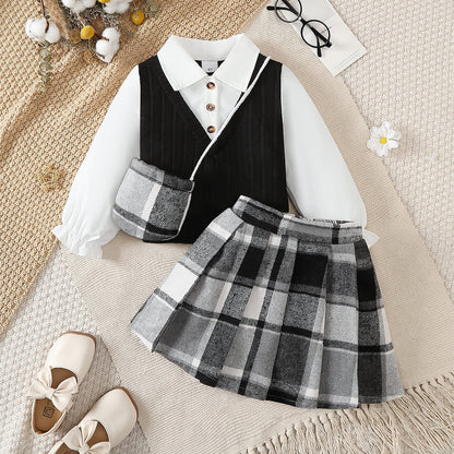 Girls Preppy Plaid 3-Piece Skirt Set