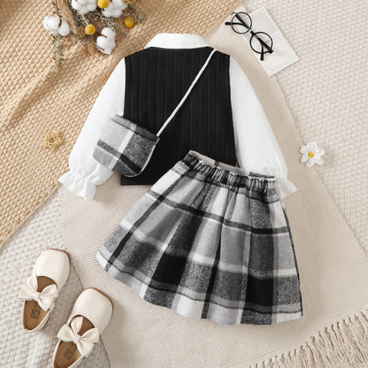 Girls Preppy Plaid 3-Piece Skirt Set