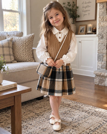 Girls Preppy Plaid 3-Piece Skirt Set