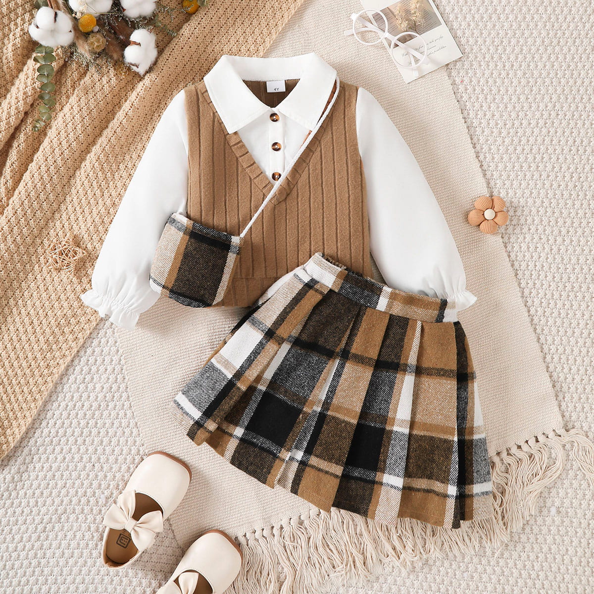 Girls Preppy Plaid 3-Piece Skirt Set